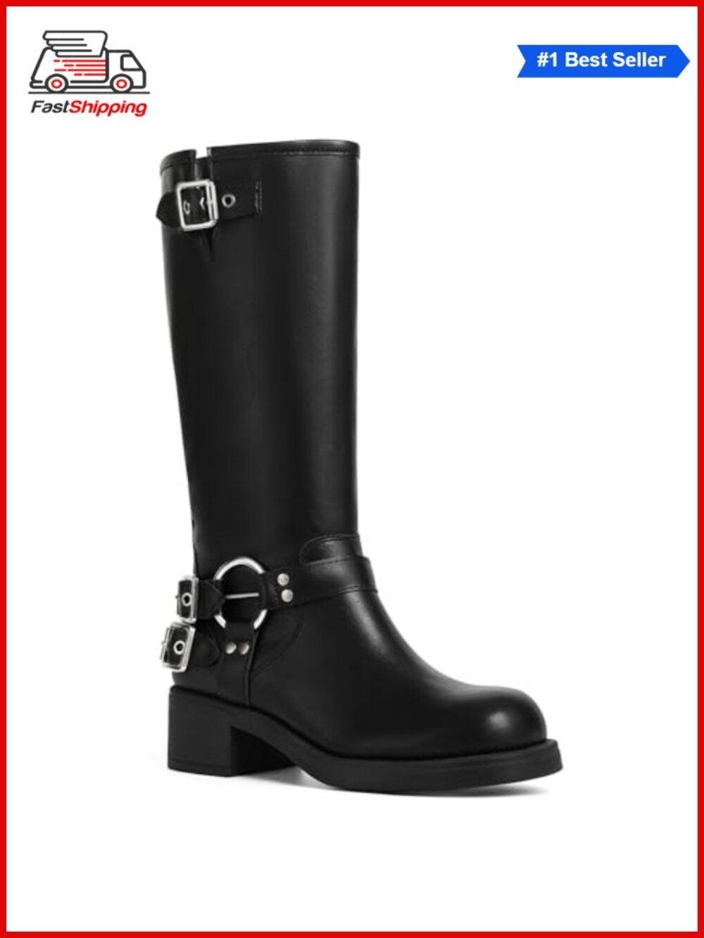✨ Knee High Boots Women Moto Biker Buckle Tall Boots Square Toe Block Heel
